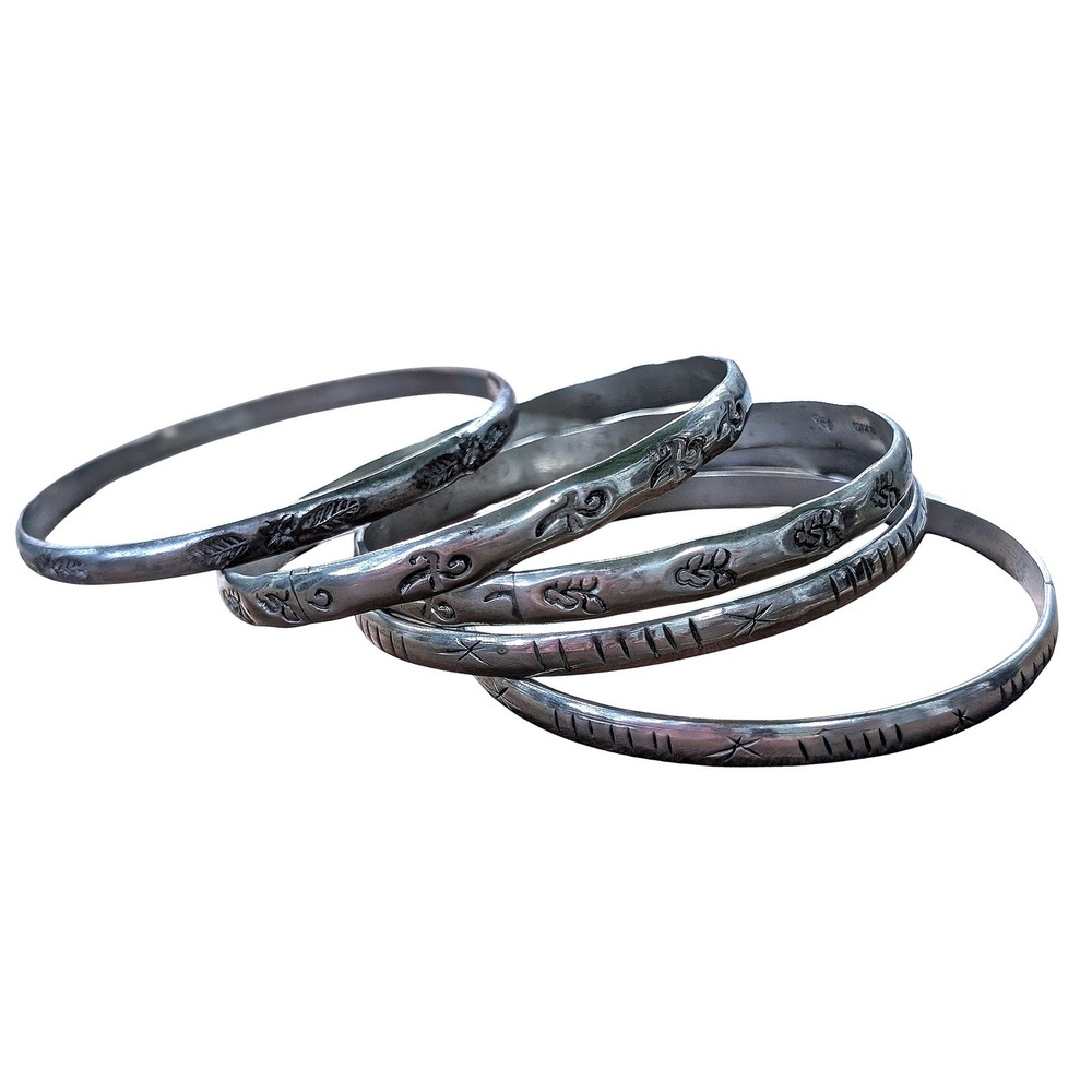 Vintage Mexico 925 Sterling Silver Hand Stamped 1970s Bangle Bracelet Set of 5
